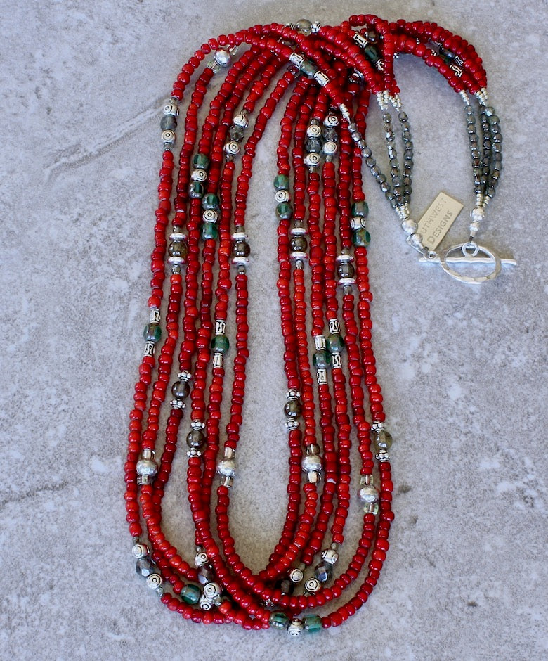 Antique Red White Heart Bead 6-Strand Necklace with Tiered Czech Glass and Sterling Silver