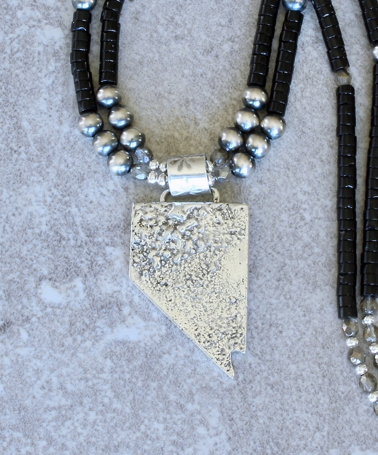 State of Nevada Reticulated Silver Pendant with Black Onyx Heishi and Oxidized Sterling Silver Rounds