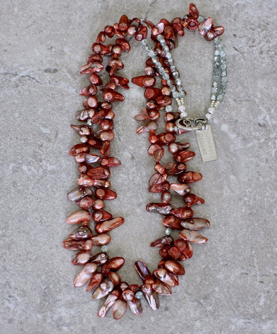 Rose-Colored Keshi Pearl 2-Strand Necklace with Czech Glass and Sterling Silver