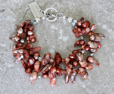Rose-Colored Keshi Pearl 3-Strand Bracelet with Czech Glass and Sterling Silver