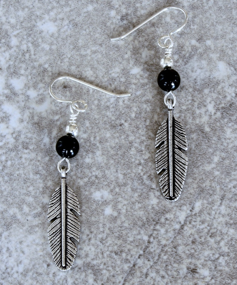 Onyx & Sterling Silver Feather Charm Earrings
