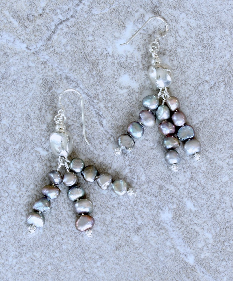 Silver Nugget Pearl 3-Dangle Earrings with Sterling Silver Near Rounds
