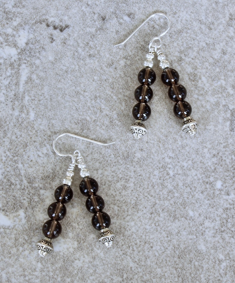 Smoky Quartz Rounds 2-Dangle Earrings with Sterling Silver Beads & Earring Wires