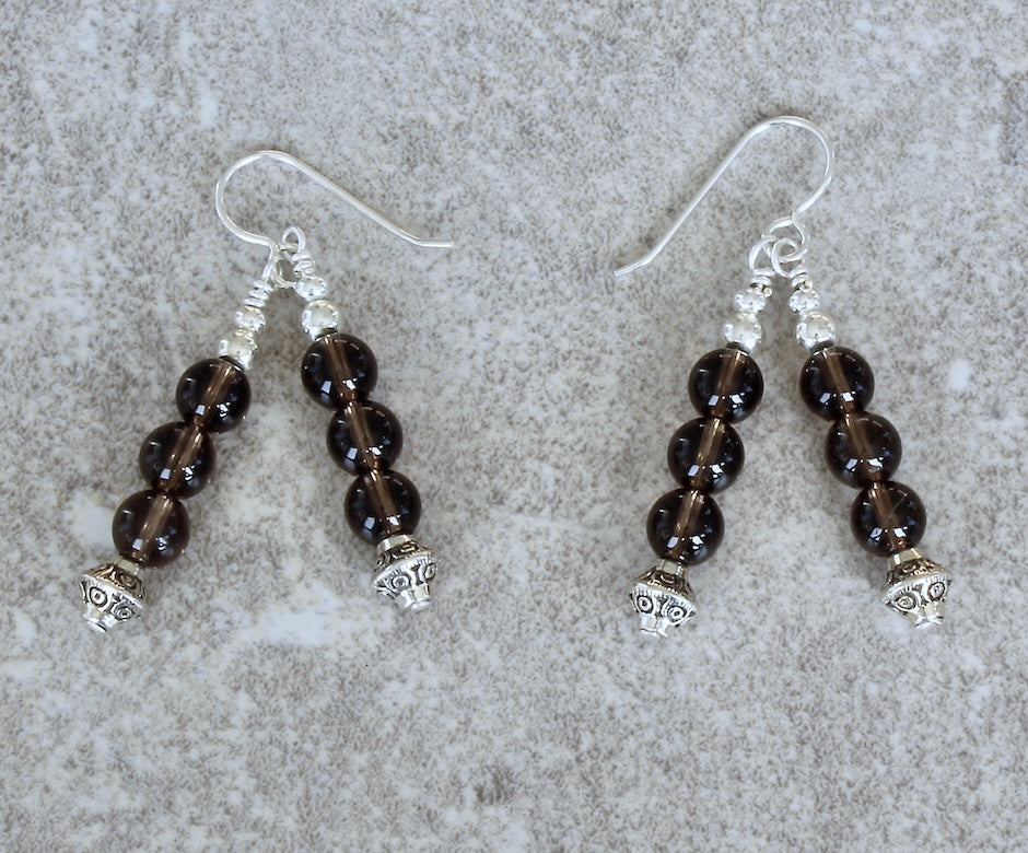 Smoky Quartz Rounds 2-Dangle Earrings with Sterling Silver Beads & Earring Wires