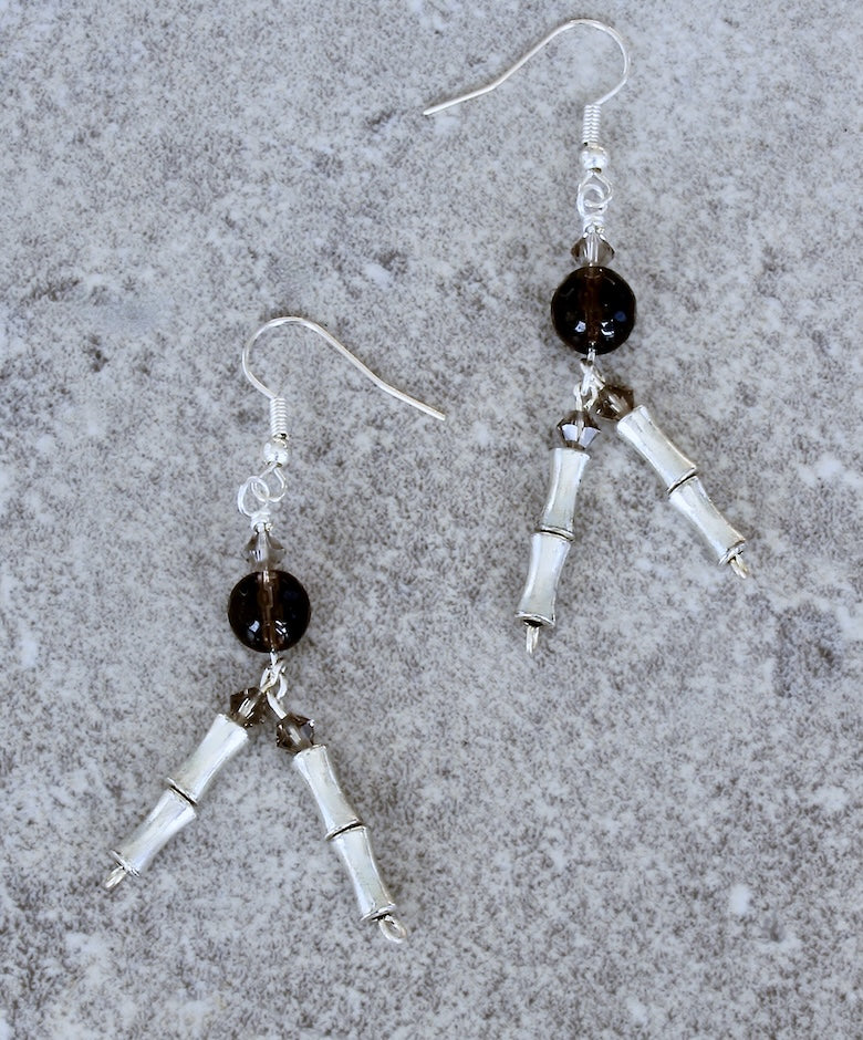 Smoky Quartz Faceted Rounds and Sterling Silver Tube Bead Earrings
