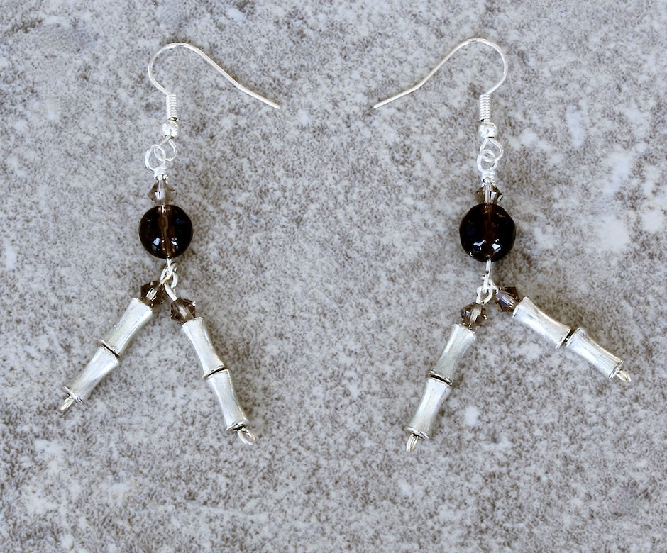 Smoky Quartz Faceted Rounds and Sterling Silver Tube Bead Earrings