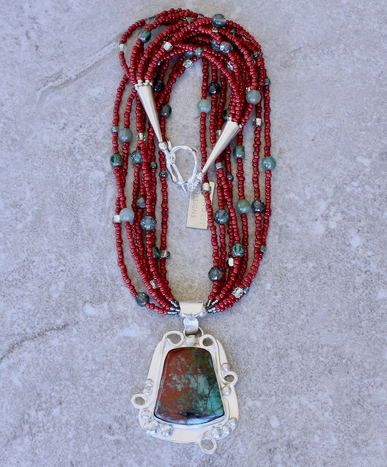 Sonora Sunset & Sterling Silver Pendant with 7 Strands of Red Pote Beads, Gemstones and Sterling Silver