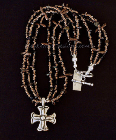 Sparkling Brown Glass 3-Strand Rondelle Bead Necklace with a Sterling Silver Cross Pendant and Sterling Toggle Clasp