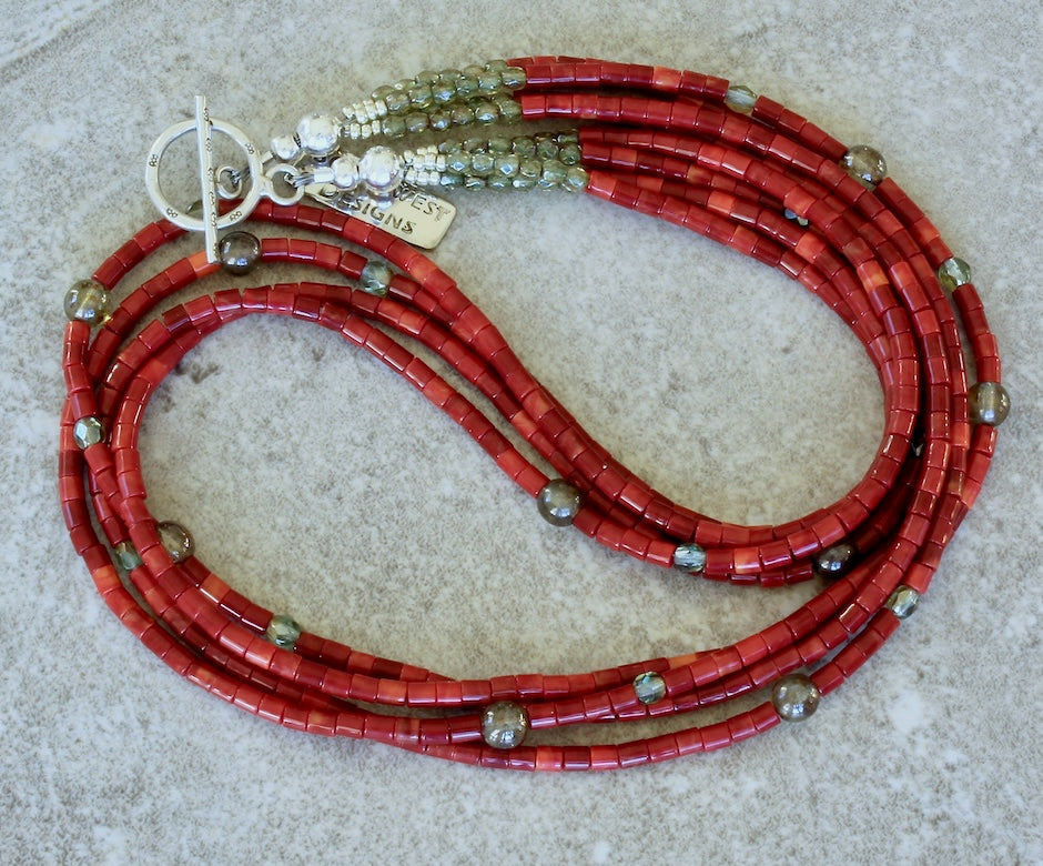 Spiny Oyster Shell Heishi 4-Strand Necklace with Czech Glass and Sterling Silver