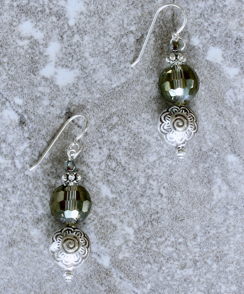 Sterling Silver Coin Bead Earrings with Translucent Green Faceted Glass and Sterling Earring Wires