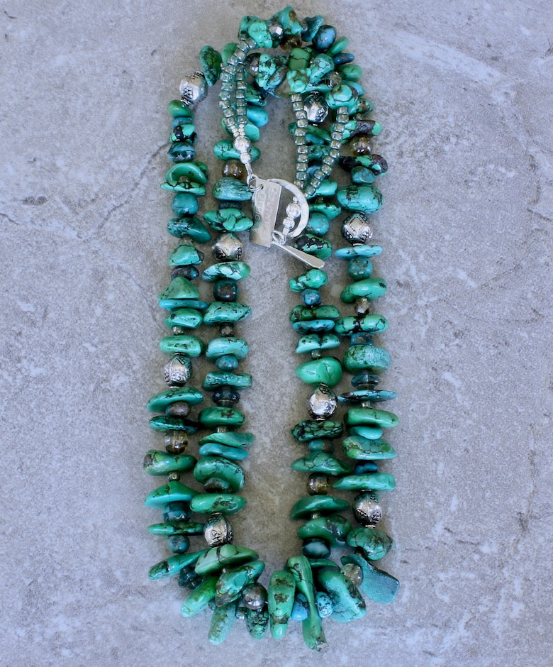 Graduated Turquoise Flat Nugget 2-Strand Necklace with Czech Glass and Sterling Silver