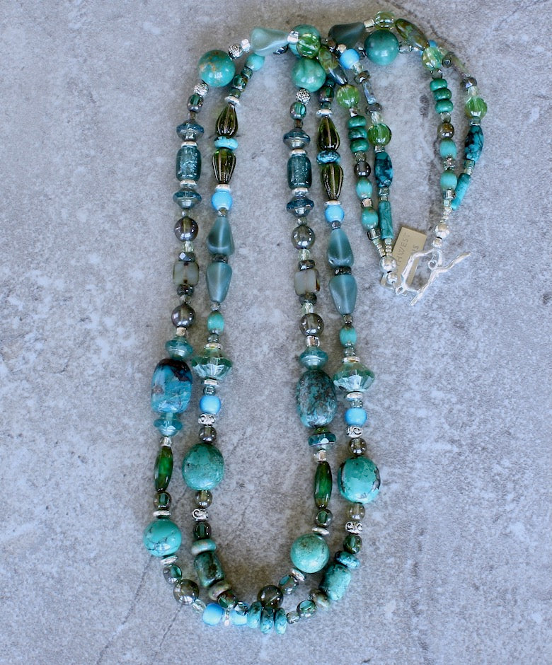 Turquoise, Czech Glass and Sterling Silver 2-Strand Necklace