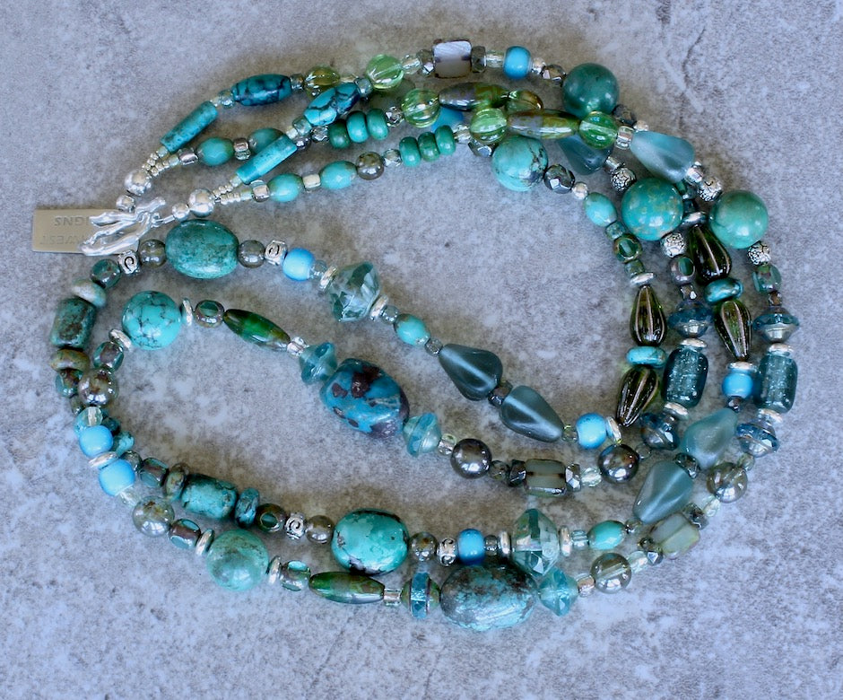 Turquoise, Czech Glass and Sterling Silver 2-Strand Necklace