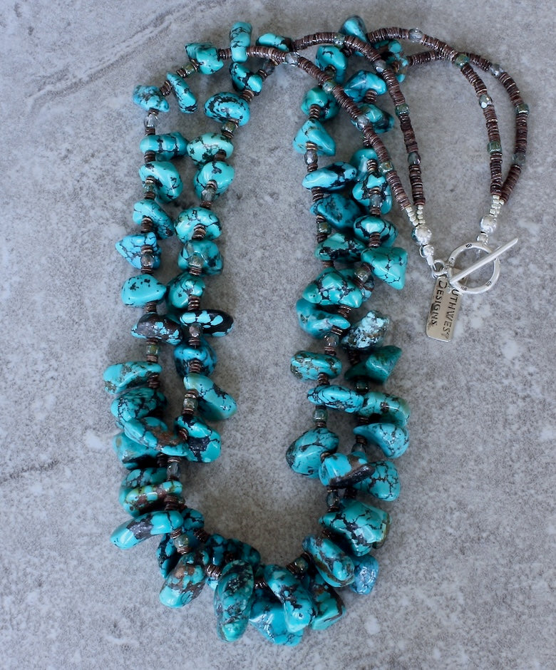 Turquoise Chunky Petal 2-Strand Necklace with Czech Glass, Olive Shell Heishi and Sterling Silver