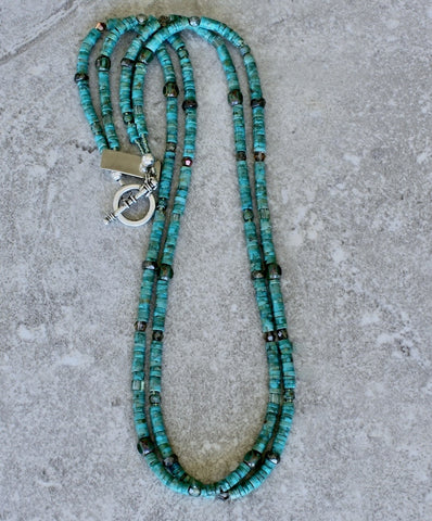 Kingman Turquoise Heishi 2-Strand Necklace with 6 Styles of Czech Glass and a Sterling Silver Toggle Clasp