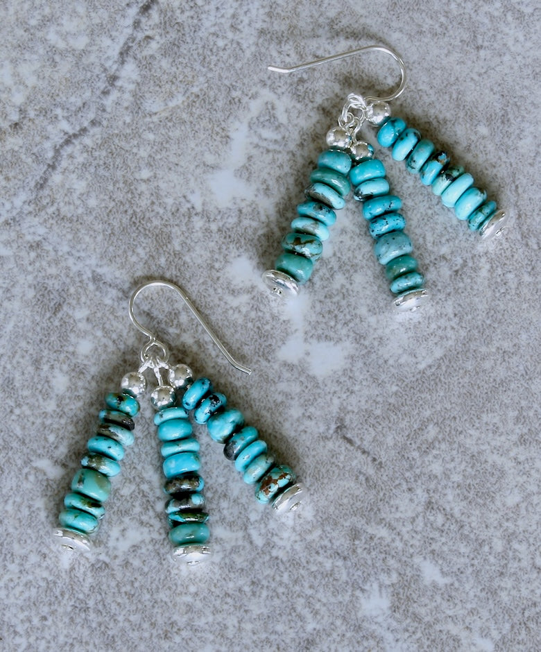 Turquoise Rondelle Bead 3-Dangle Earrings with Sterling Silver