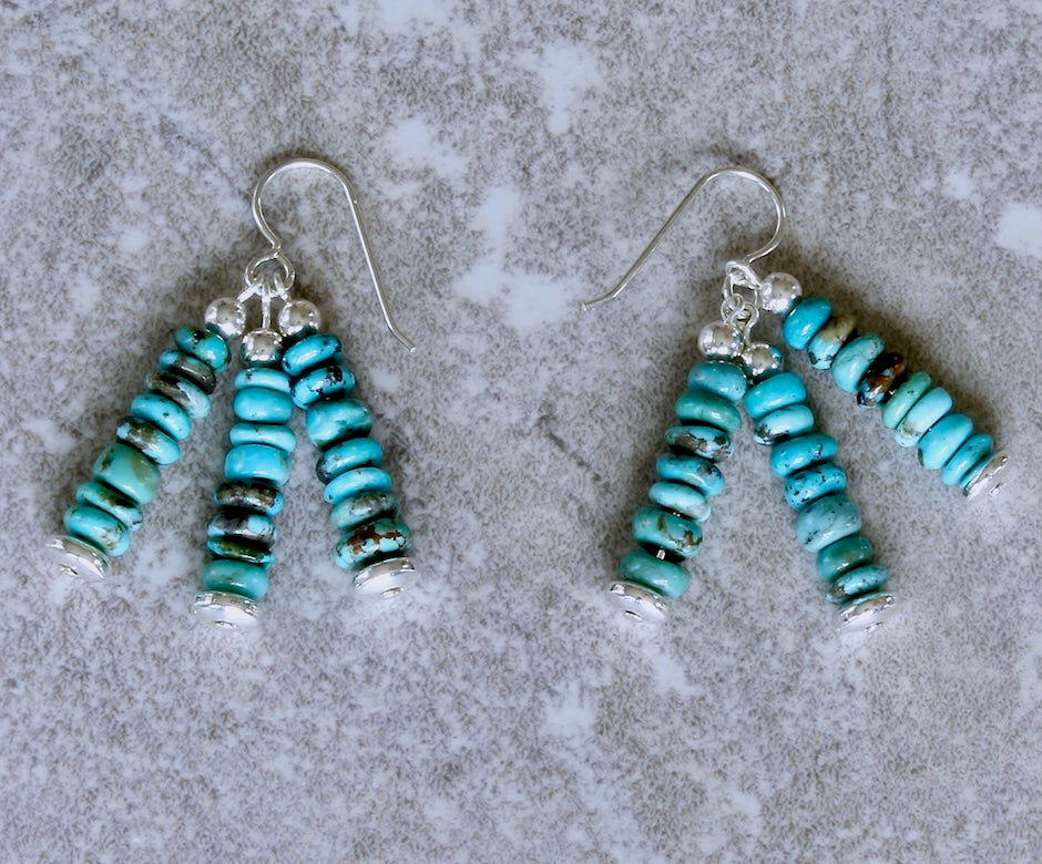 Turquoise Rondelle Bead 3-Dangle Earrings with Sterling Silver
