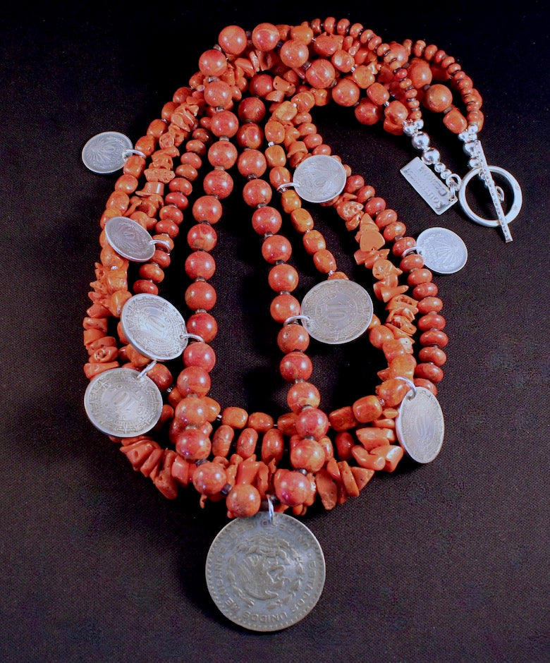 Vintage Coral & Apple Coral 4-Strand Necklace with 1905 to 1960 Silver Mexican Coins