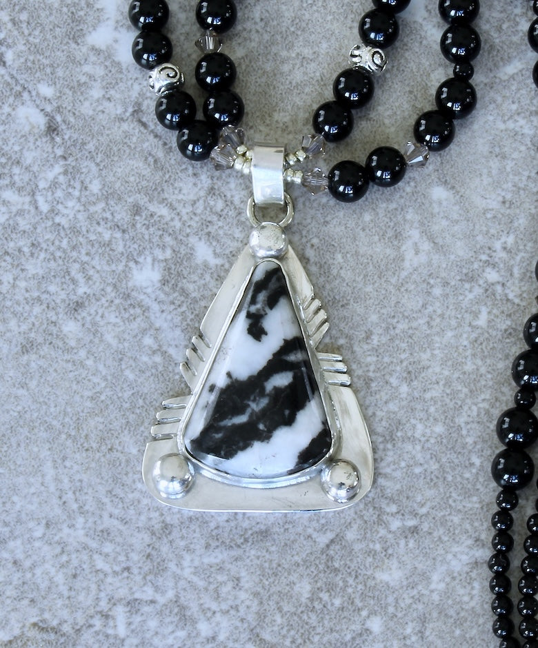 Zebra Jasper and Sterling Silver Pendant with Black Onyx Rounds and Sterling Silver