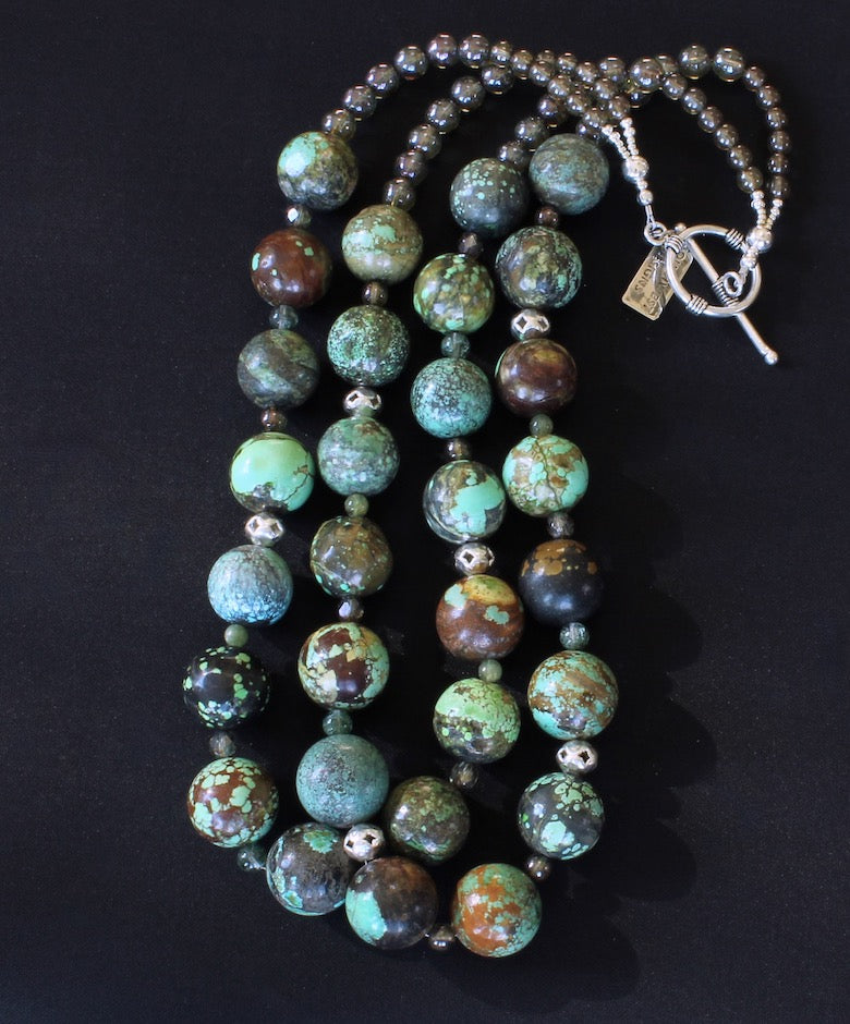 20mm Turquoise Rounds 2-Strand Necklace with Czech Glass, Quartz, Peridot and Sterling Silver