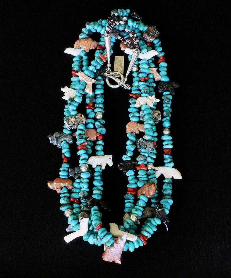 38-Piece Amulet Necklace with 4 Strands of Campitos Turquoise, Coral and Sterling