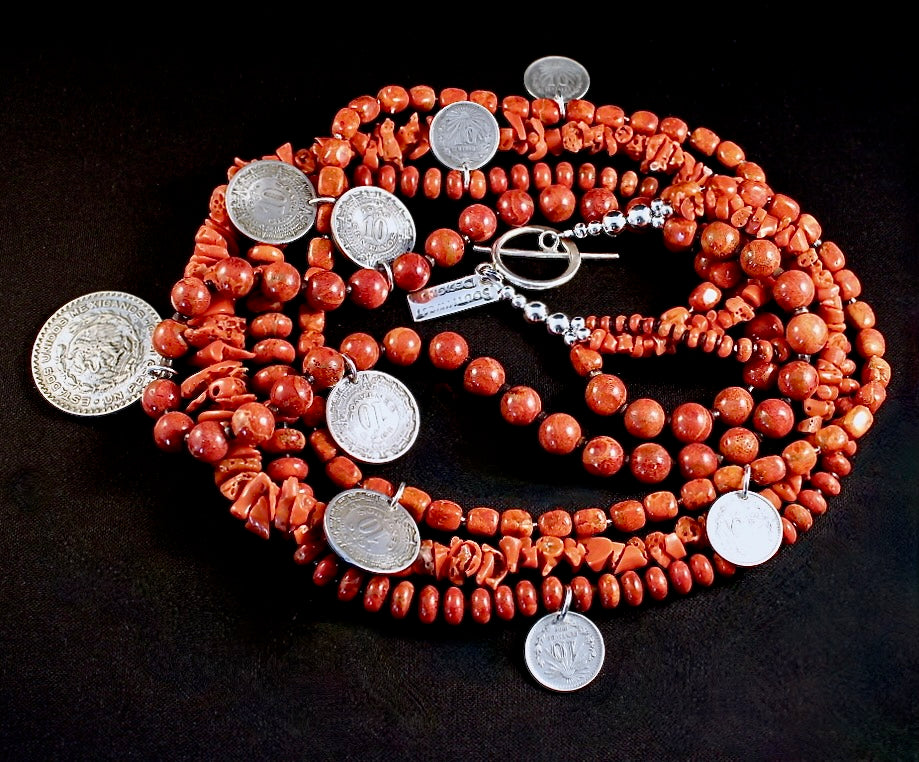 Vintage Coral and Apple Coral 4-Strand Necklace with Silver Mexican Coins