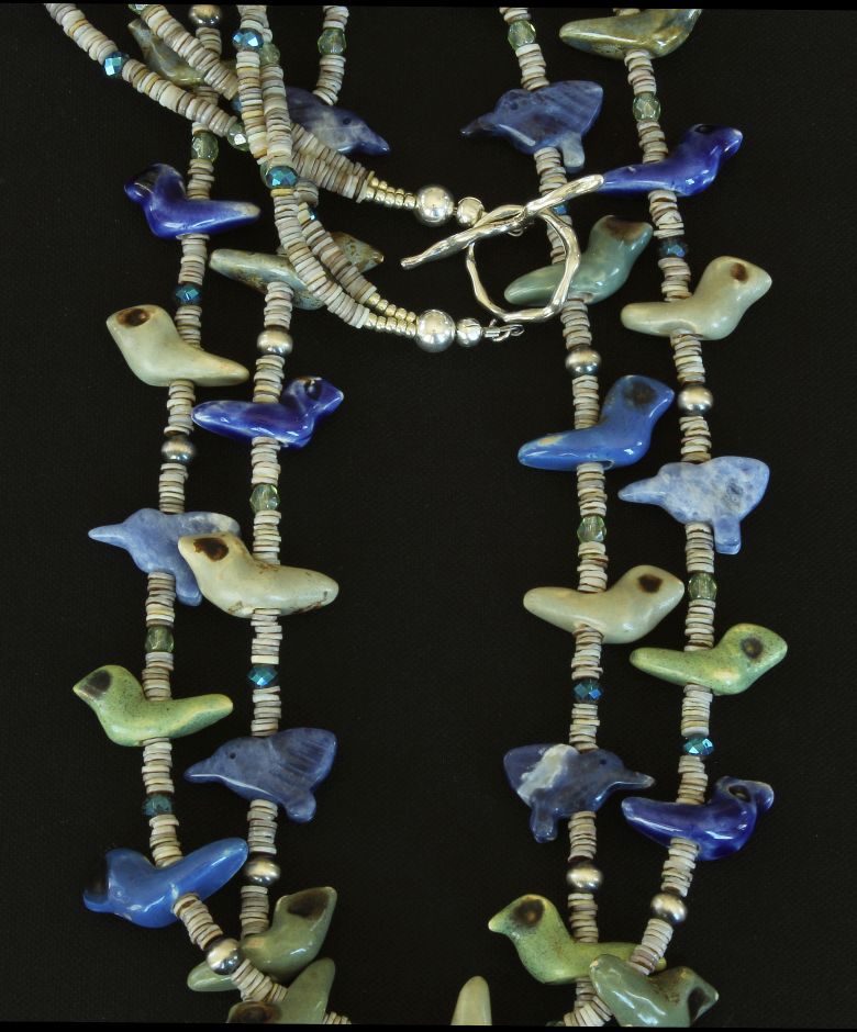 42-Piece Amulet Necklace with Ceramic & Sodalite Birds, Melon Shell Heishi and Sterling Silver