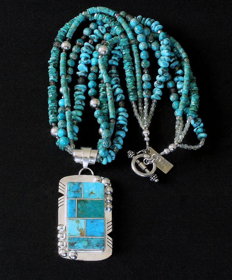 7-Stone Kingman Turquoise and Sterling Silver Inlaid Pendant with 4 Strands of Turquoise, Imperial Jasper & Sterling