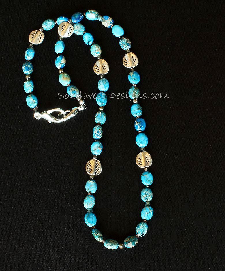 Aqua Terra Jasper Ovals Mask Lanyard with Fire Polished Glass, Pyrite Rounds, Olive Shell Heishi, Silver Leaf Rounds, and Silver Metal Lobster Clasps