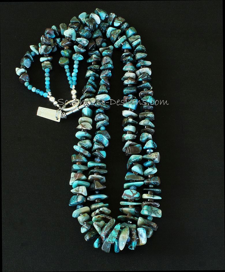 Azurite Chip 2-Strand Necklace with Apatite Rounds, Faceted Glass, Pen Shell Heishi and Sterling Silver