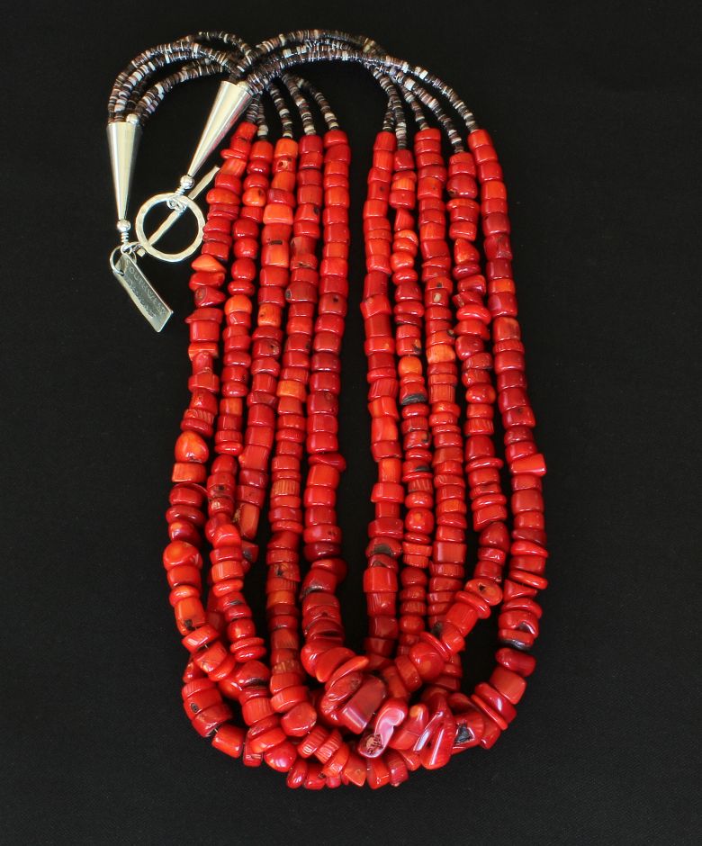 Bamboo Coral Chunky Heishi 5-Strand Necklace with Olive Shell Heishi and Sterling