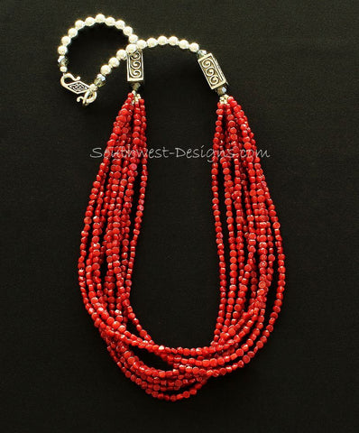 Bamboo Coral Faceted Coin Bead 9-Strand Necklace with Ornate Sterling Silver