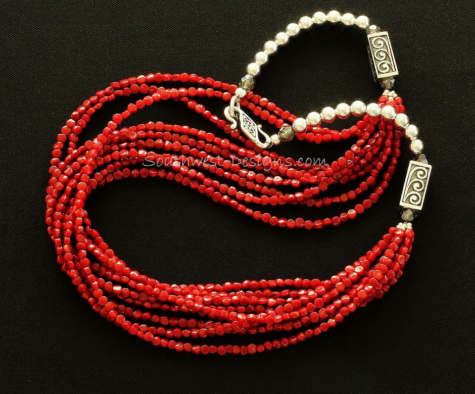 Bamboo Coral Faceted Coin Bead 9-Strand Necklace with Ornate Sterling Silver