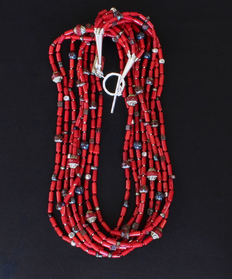 Bamboo Coral Cylinder Bead 8-Strand Necklace with Czech Glass and Sterling Silver