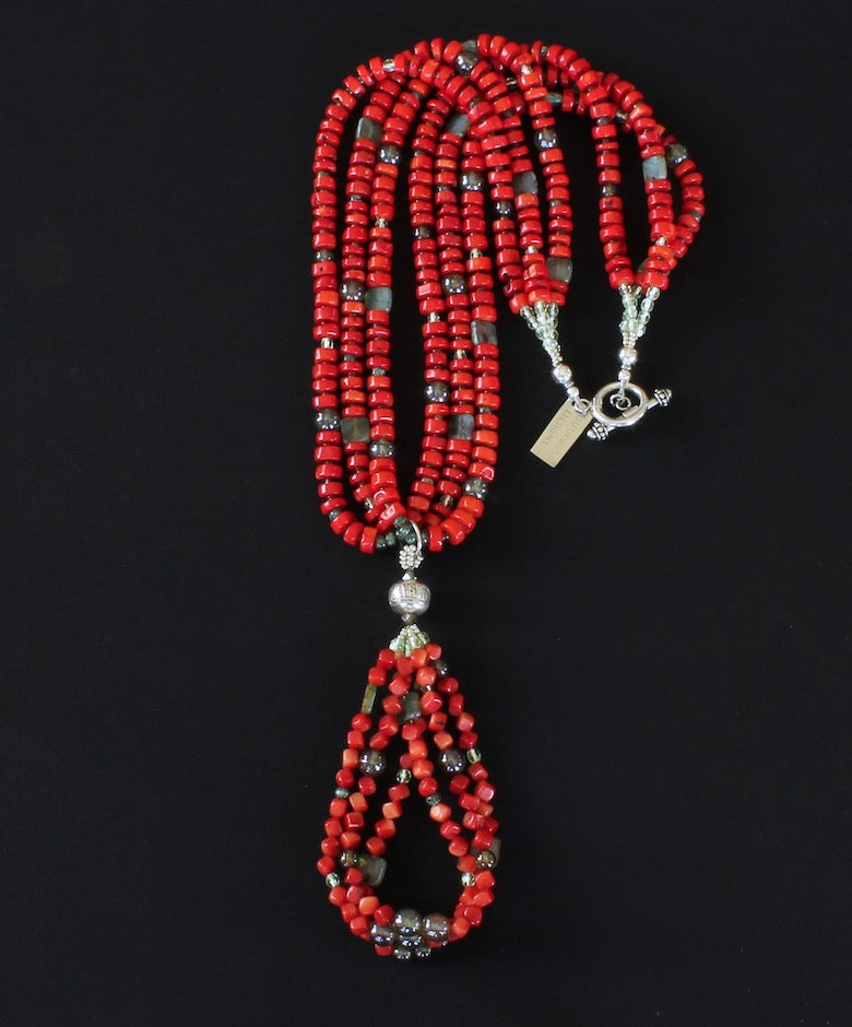 Bamboo Coral Heishi 3-Strand Necklace with 3-Loop Jacla, Czech Glass and Sterling Silver