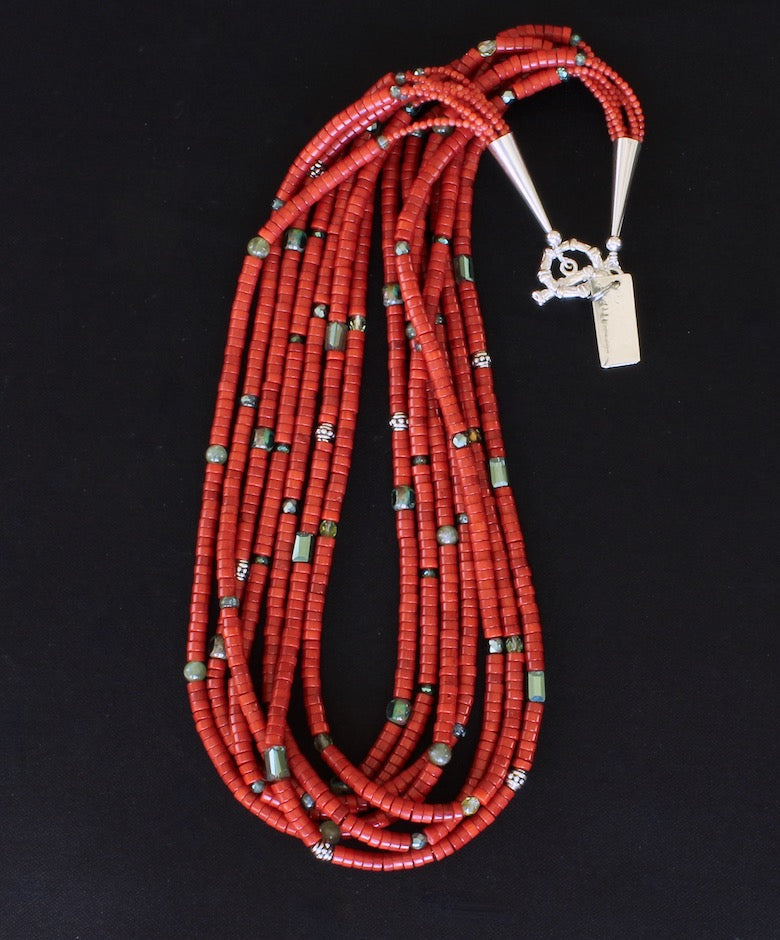 Bamboo Coral Heishi 7-Strand Necklace with Crystal Rectangles, Peridot, Czech Glass & Sterling