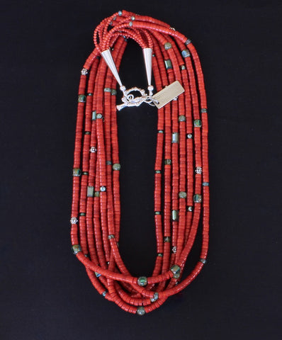 Bamboo Coral Heishi 7-Strand Necklace with Crystal Rectangles, Peridot, Czech Glass & Sterling