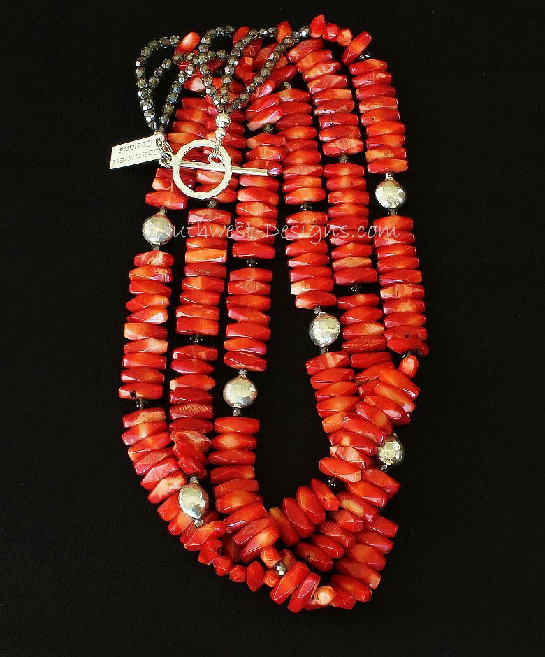 Bamboo Coral Long Nugget 3-Strand Necklace with Smoky Quartz and Sterling Silver