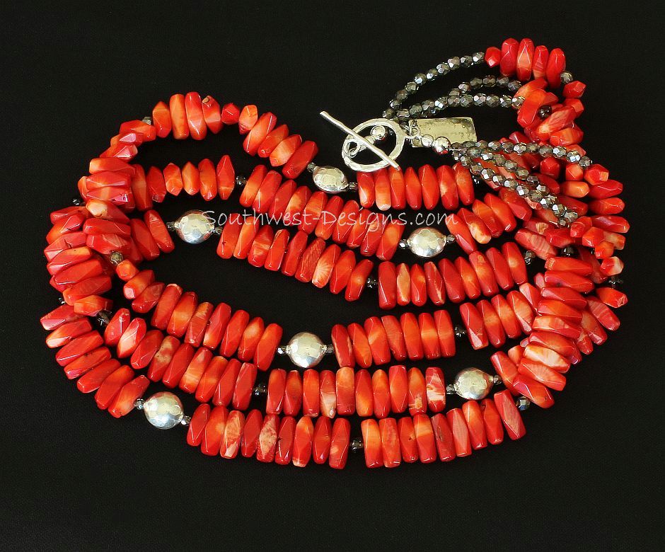 Bamboo Coral Long Nugget 3-Strand Necklace with Smoky Quartz and Sterling Silver
