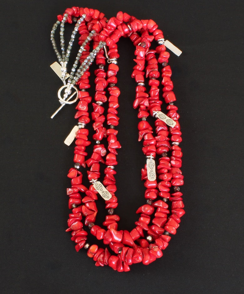 Bamboo Coral Nugget 3-Strand Necklace with Hill Tribe Silver Charms, Czech Glass and Oxidized Sterling