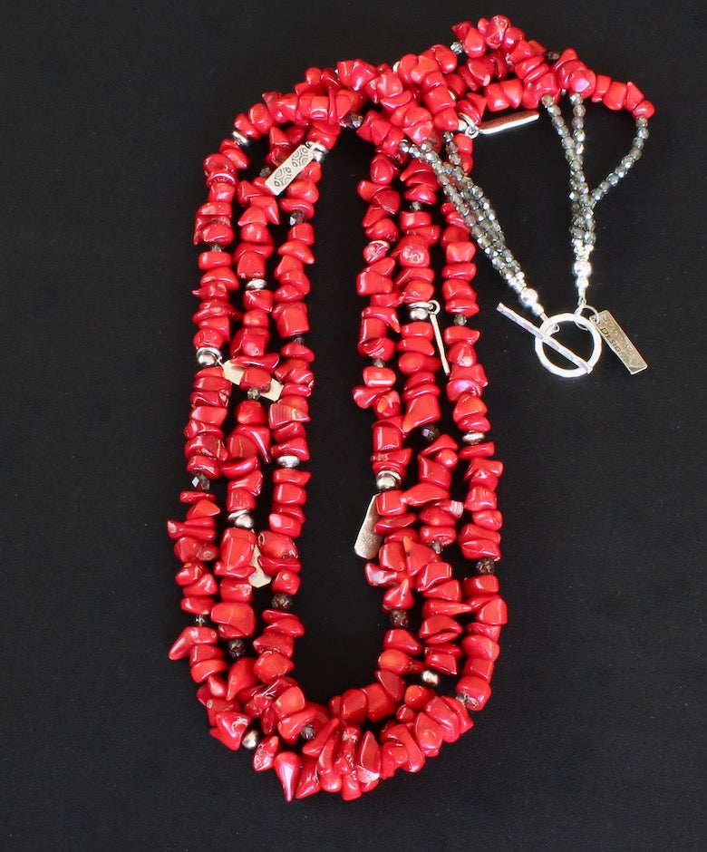 Bamboo Coral Nugget 3-Strand Necklace with Hill Tribe Silver Charms, Czech Glass and Oxidized Sterling