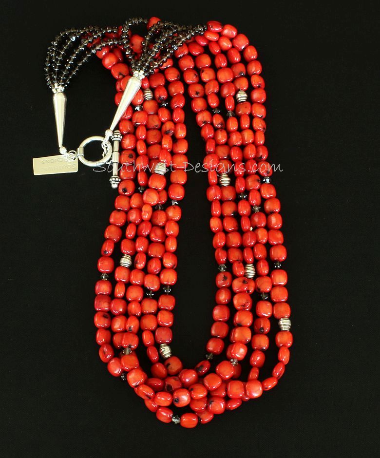 Bamboo Coral 5-Strand Necklace with Smoky Quartz, Swarovski Crystal and Sterling Silver