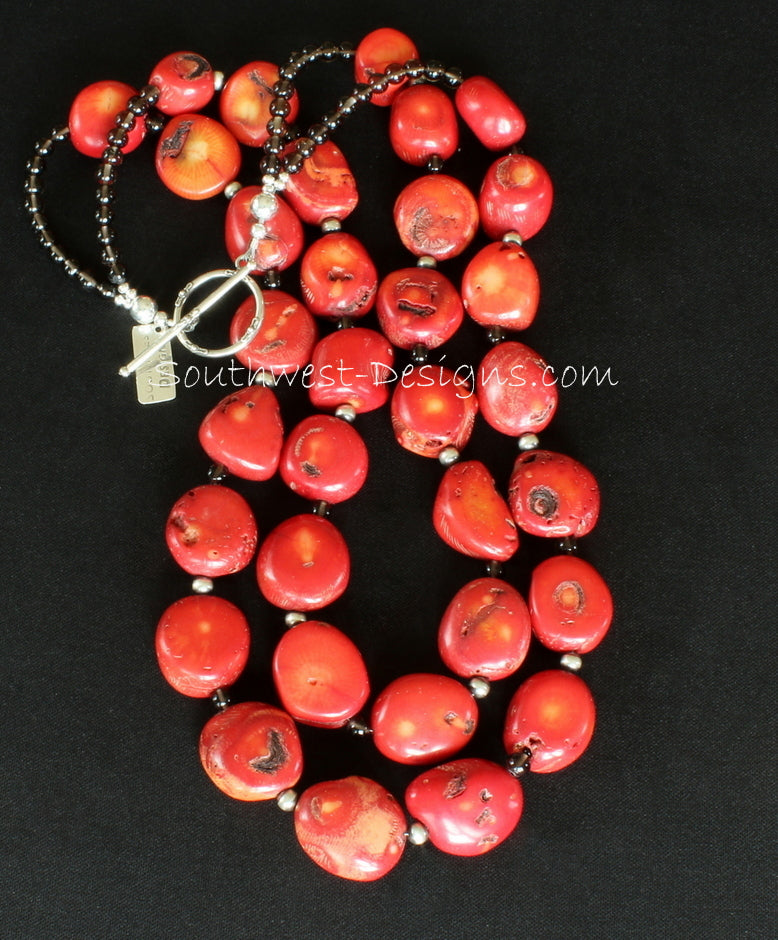 Bamboo Coral Chunky Oval 2-Strand Necklace with Oxidized Sterling & Smoky Quartz Rounds