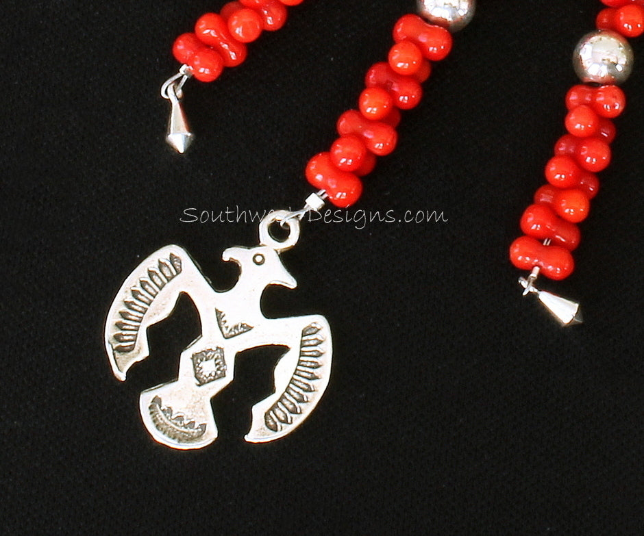Key Ring with Bamboo Coral, Sterling Silver Thunderbird & Kite Charms, and Sterling Rounds