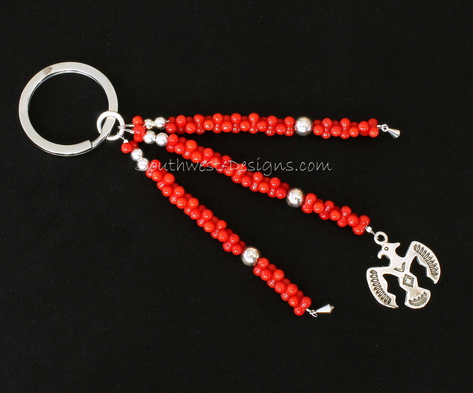 Stainless Steel Key Ring with 3 Strands of Bamboo Coral, Sterling Silver Thunderbird and Kite Charms, and Sterling Rounds