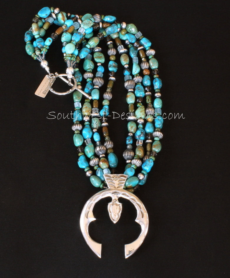 Sterling Silver Naja Pendant with 4 Strands of Turquoise Nuggets, Fire Polished & Picasso Turquoise Glass, 64 Oxidized Sterling Silver Beads, and Sterling Silver Toggle Clasp
