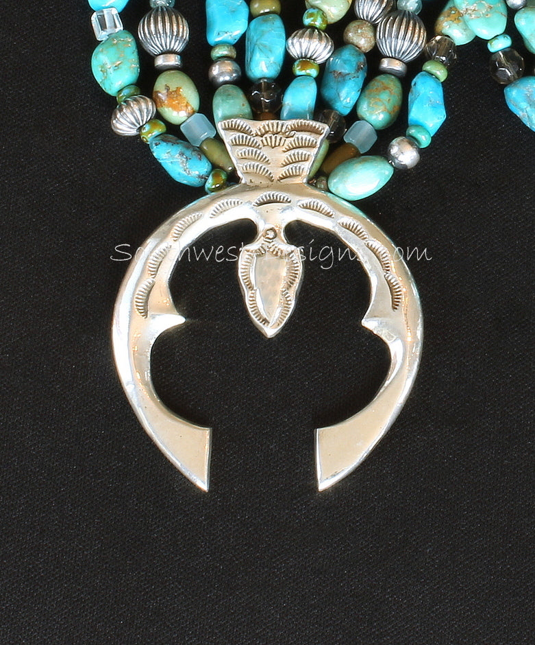 Sterling Silver Naja Pendant with 4 Strands of Turquoise Nuggets, Fire Polished & Picasso Turquoise Glass, 64 Oxidized Sterling Silver Beads, and Sterling Silver Toggle Clasp