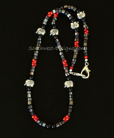 Indonesian Glass, Bamboo Coral Onyx Mask Lanyard with Plated Sterling Silver Elephant Beads