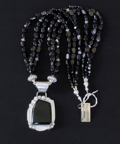 Black Jade & Sterling Silver Pendant with Czech Nailheads, Hill Tribe Silver and Sterling Silver