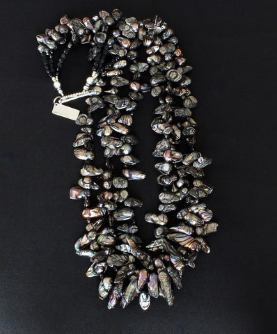 Black Keshi Pearl 3-Strand Necklace with Czech Nailheads and Sterling Silver
